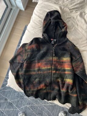 Diesel Black Hooded Zip Sweater with Orange and Yellow Stripes